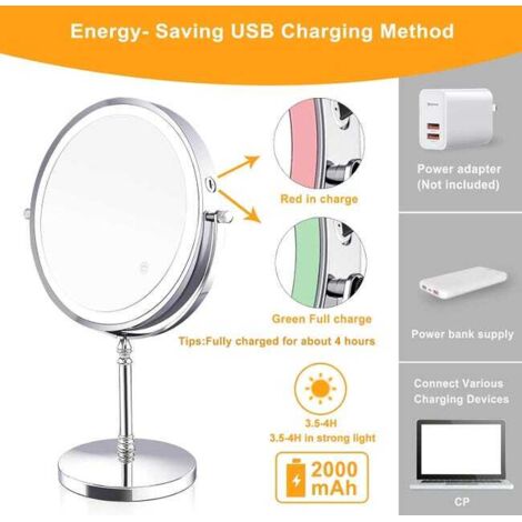 Specchio ingranditore illuminato da 8 pollici, specchio per il trucco illuminato a 3 colori, ingrandimento 1x/10x, ricarica USB, specchio da tavolo con rotazione a 360°, per ufficio domestico