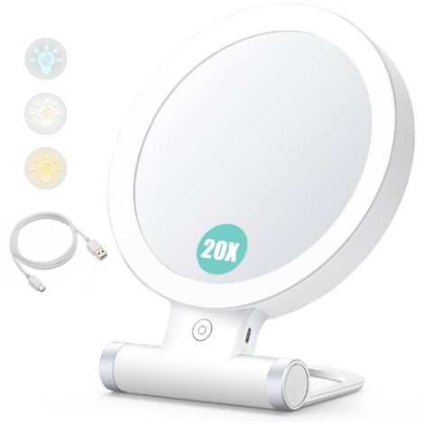 Specchio ingranditore Planet con luce, 20x/1x, bifacciale, specchio per il trucco portatile, illuminazione a 3 colori, touch screen dimmerabile