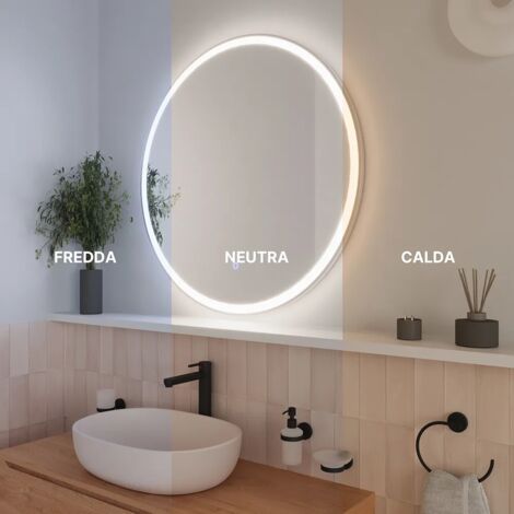 Specchio Led Tondo Ø 60 cm Cornice Bianco Opaco Touch-screen Luce Calda/Fredda