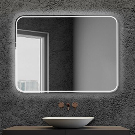 Specchio per bagno 90x70 cm stondato completo di cornice slim a LED