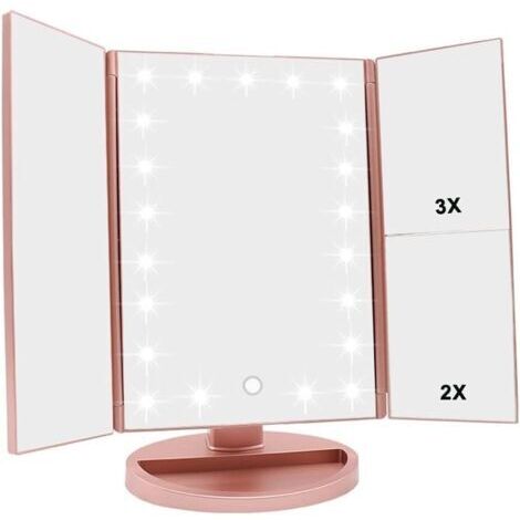 Specchio per il trucco con 21 LED, touchscreen regolabile e ingrandimento 1x/2x/3x, specchio da viaggio ricaricabile (rosa)