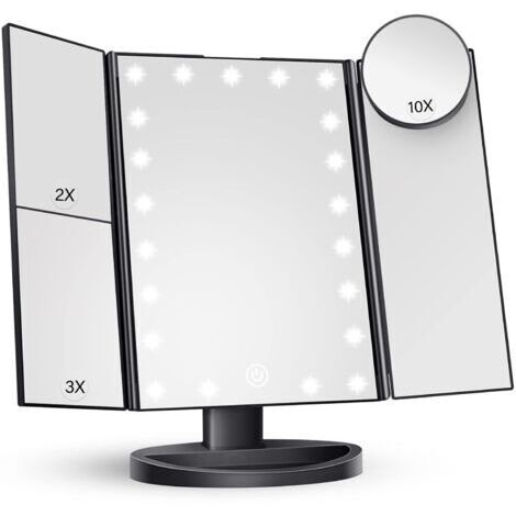 Specchio per il trucco con illuminazione a LED, touchscreen regolabile e ingrandimento 1x/2x/3x, specchio per il trucco pieghevole in tre parti.