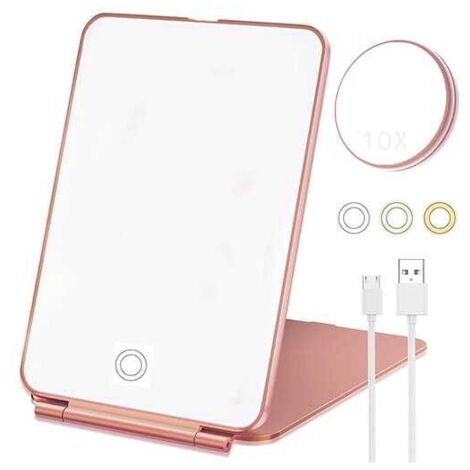Specchio per il trucco con ingrandimento 10x, specchio da trucco, specchio LED compatto, specchio cosmetico portatile con 3 luci colorate
