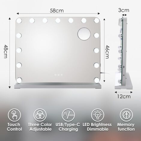 Specchio per il trucco con luce, 58x46 cm, specchio Hollywood, specchio da parete, 15 LED, con USB e tipo C, 3 colori di luce, lente d'ingrandimento, bianco