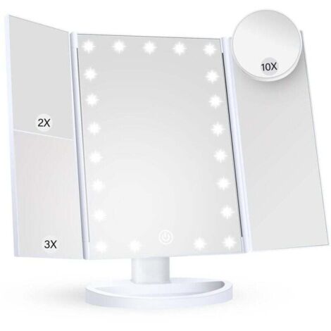 Specchio per il trucco con luce, ingrandimento 2X, 3X, 10X, controllo touch, pieghevole, bianco, stile moderno, montaggio su cassettiera, bagno