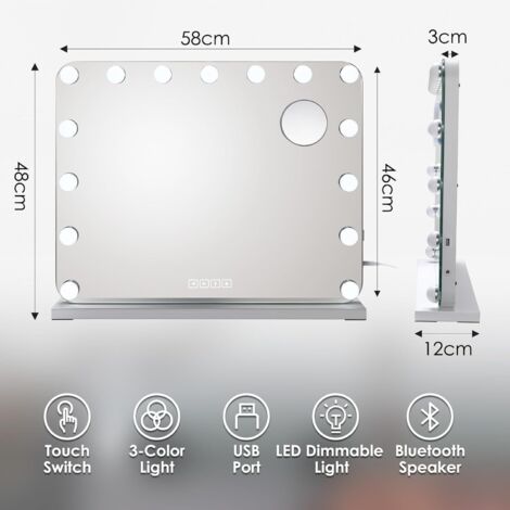 Specchio per il trucco Hollywood con Bluetooth, specchio da tavolo, specchio da parete, 58x46 cm, 15 LED dimmerabili, 3 colori di luce, lente d'ingrandimento 10x, controllo touch, bianco