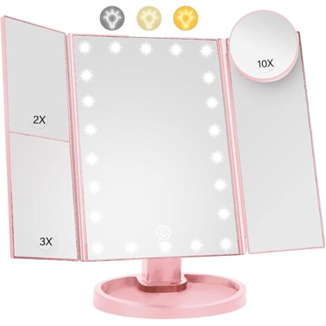 Specchio per il trucco illuminato con 22 LED, doppio ingrandimento 1x/2x/3x/10x, dimmerabile, angolo regolabile di 180 gradi, specchio da viaggio - Rosa