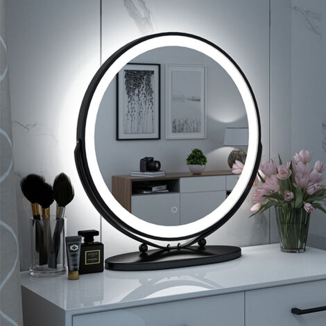 Specchio per il trucco rotondo, girevole, cornice nera, 6500k bianco freddo, 50 × 50 cm, piccolo e squisito