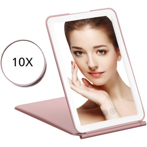 Specchio per il trucco touchscreen con ingrandimento 10x, specchio rotondo, ricaricabile tramite USB, specchio portatile per il trucco - rosa