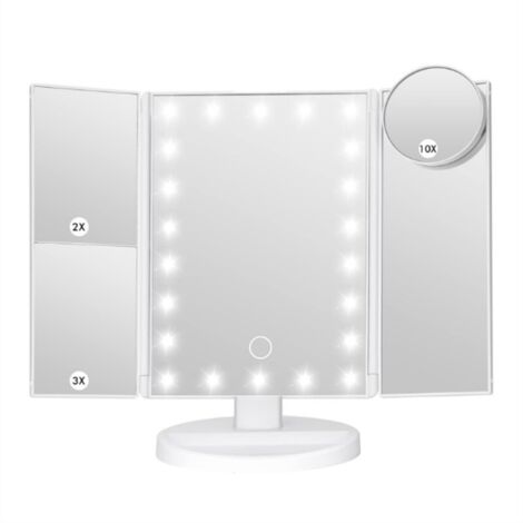 Specchio per trucco con 22 luci LED, pieghevole, ingrandimento 1X/2X/3X/10X, Specchio per trucco con illuminazione touch, Supporto USB, Bianco