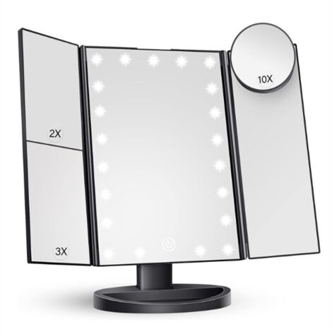 Specchio per trucco con 22 luci LED, pieghevole, ingrandimento 1X/2X/3X/10X, Specchio per trucco con illuminazione touch, Supporto USB, Nero