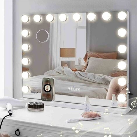 Specchio per trucco da toeletta Hollywood con 15 lampadine a LED, Bluetooth, specchio per toeletta illuminato con porta USB, 3 modalità di illuminazione Specchio 58x48 cm, Bianco OKWISH