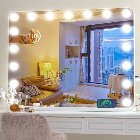 Specchio per trucco Hollywood 60x50 cm, 17 lampadine a LED, specchio tattile dimmerabile con illuminazione leggera per toletta, bagno