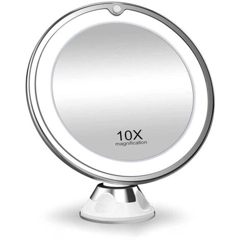 Specchio per trucco rotondo illuminato, ingrandimento 10X, specchio cosmetico pieghevole, specchio a ventosa con rotazione di 360°, bianco