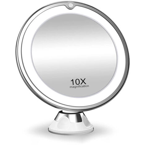 Specchio per trucco rotondo illuminato, ingrandimento 10X, specchio cosmetico pieghevole, specchio a ventosa con rotazione di 360°, bianco