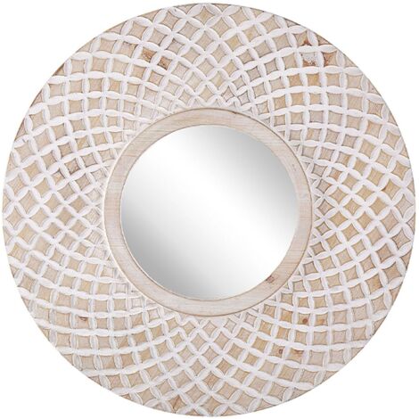 Specchio Rotondo Decorativo in Legno Chiaro Stile Boho ø 60 cm Pomaro