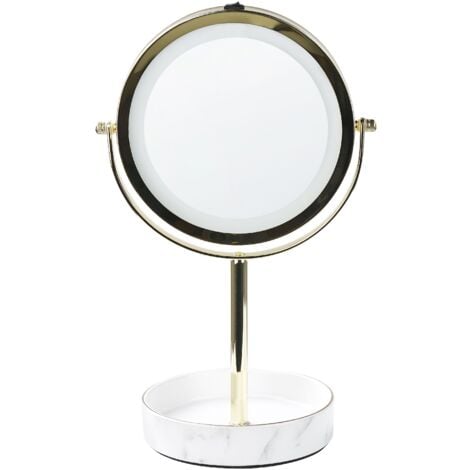 Specchio trucco con luci LED e telaio in ferro Ø 20 cm oro e bianco Savoie