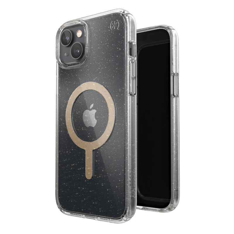 Presidio Perfect-Clear avec paillettes + MagSafe - Coque pour iPhone 15 Plus / 14 Plus avec revêtement microban (Clair / Paillettes dorées) - Speck