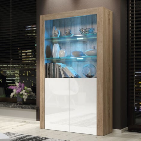 CREATIVE FURNITURE Spectrum Display Cabinet - Oak with White Gloss Doors & LED - 170cm