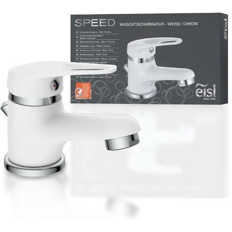 SPEED Waschtischarmatur mit Zugstange, Wasserhahn Bad mit Ablaufgarnitur, Mischbatterie Waschbecken in Weiß/Chrom - Weiß/Chrom