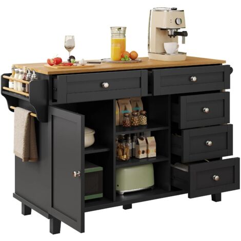 Speisewagen (134 x 46 x 92 cm), moderner und einfacher schwarzer Speisewagen, Schubladen-Aufbewahrungsschrank-Kombination, mobiles und festes Dual-Use-Design, geeignet für Heimküchen