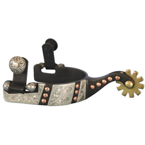 Speroni Western per bambino in ferro nero largo con decorazioni argento borchiette in rame e rotella colore ottone