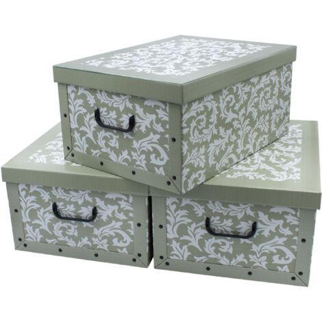 Spetebo – Lot de 3 boîtes de rangement 51x37x24 cm – Motif baroque en olive – Matériau carton solide – Empilables avec poignées