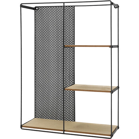 Spetebo – Étagère murale en métal noir 3 étagères – 50 x 40 cm – étagère suspendue décorative avec fixation murale – bois naturel