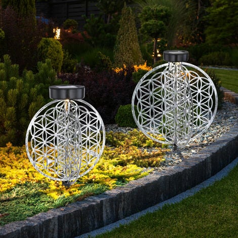 Sphère lumières solaires pour extérieur Sphère lumières jardin lampe solaire solaire boule orientale, effet de lumière motif fleur de vie, 1x LED, H 31 -41 cm, lot de 2
