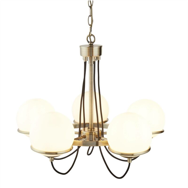 Sphere - 5 Light Multi Arm Ceiling Pendant White, Antique Brass, E14 - Searchlight