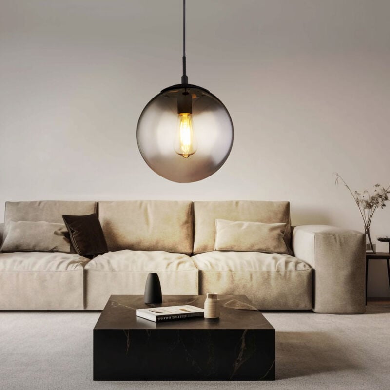 Plafonnier suspendu avec boule de verre lampe de table à manger salon lumière boule de verre fumé suspension, 1x E27, IP20, DxH 25x120cm, chambre