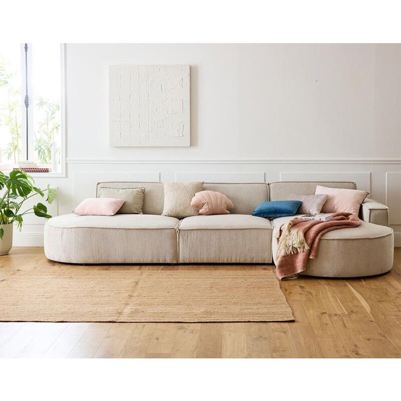 Spiaggia - canapé d'angle droit - forme arrondie - 5 places - en velours côtelé - beige