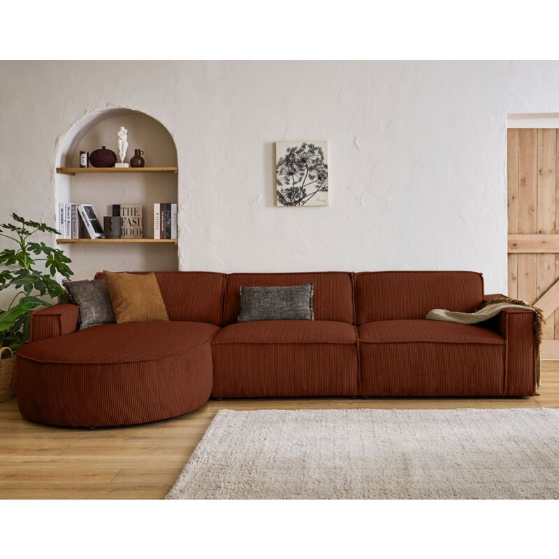 Lisa Design - Spiaggia - canapé d'angle gauche - 5 places - en velours côtelé - terracotta