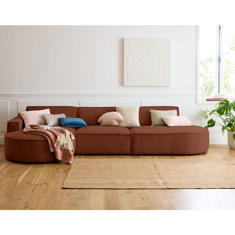 Lisa Design - Spiaggia - canapé d'angle gauche - forme arrondie - 5 places - en velours côtelé - terracotta