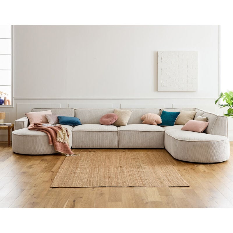 Lisa Design - Spiaggia - canapé panoramique d'angle droit - 7 places - en velours côtelé - beige
