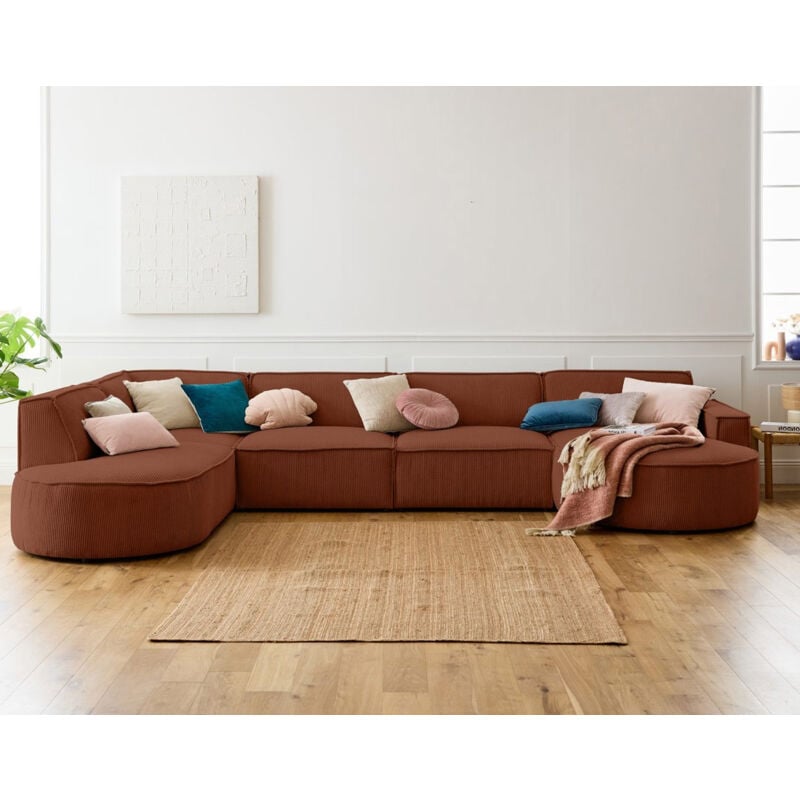 Lisa Design - Spiaggia - canapé panoramique d'angle gauche - 7 places - en velours côtelé - terracotta