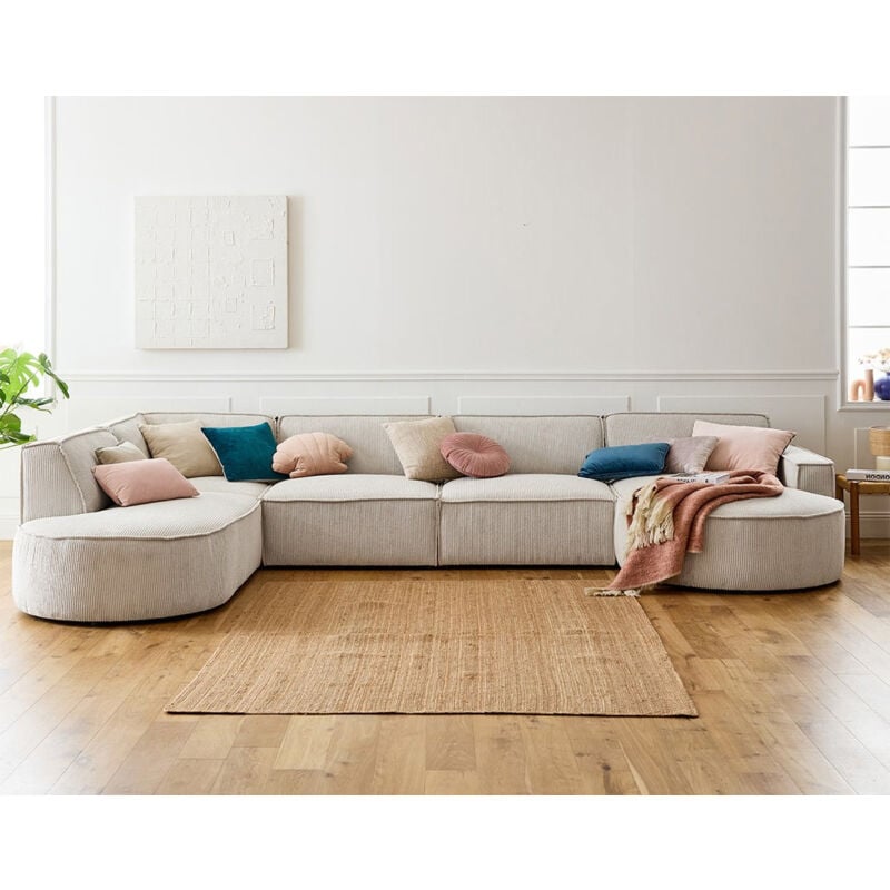Lisa Design - Spiaggia - canapé panoramique d'angle gauche - 7 places - en velours côtelé - beige