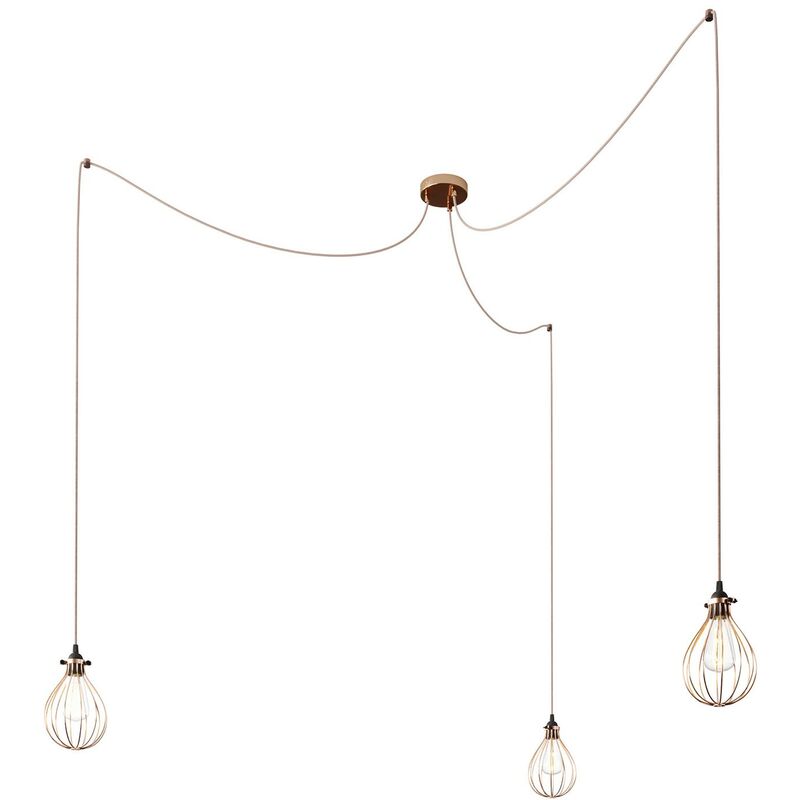 

Spider - Lámpara colgante múltiple de 3 caídas Made in Italy completa con cable textil y pantalla Drop | Ya montado - Con bombilla - Cobre - Cobre