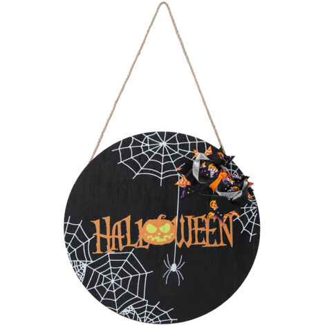 Spider Web Pattern Welcome Sign Wooden Hanging Door Hanger for Halloween Family Gathering BlackBowknot Included