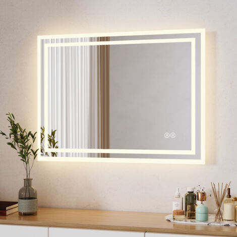 Spiegel mit Beleuchtung 80x60cm LED Badspiegel mit Beleuchtung Badezimmerspiegel mit Beleuchtung Vertikal/Horizontal Wandspiegel mit Touchschalter, 3 Lichtfarben 3000K-6500K Dimmbar