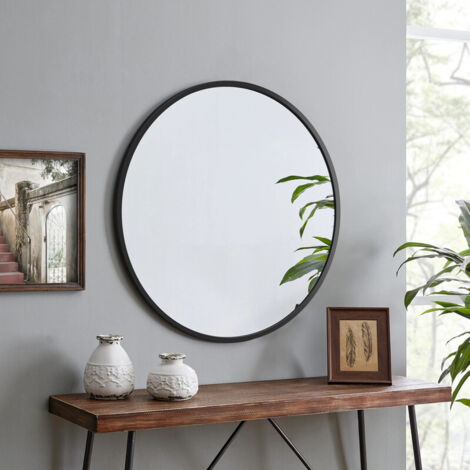 Spiegel Rund, 40cm Schwarz Dekorative Wandspiegel für Bad, Eitelkeit, Wohnzimmer, Eingangsbereich, Runder Spiegel Hängend oder Lehnend, Aluminium Rahmen