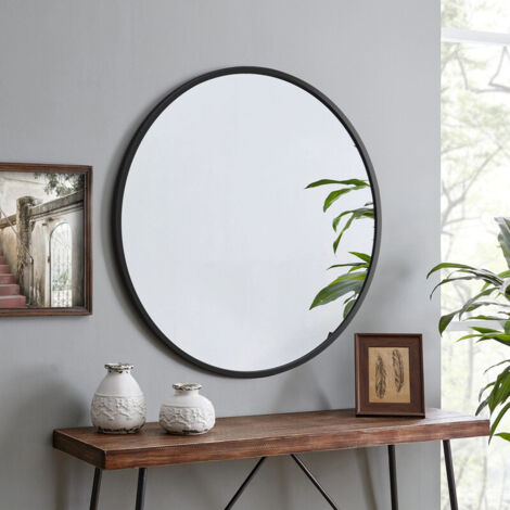 Spiegel Rund, 70cm Schwarz Dekorative Wandspiegel für Bad, Eitelkeit, Wohnzimmer, Eingangsbereich, Runder Spiegel Hängend oder Lehnend, Aluminium Rahmen