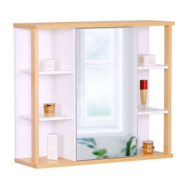 Relaxdays Spiegelschrank, 6 Ablagen, 2 Innenfächer, Hxbxt, 64 X 62 X 21 Cm, Wandmontage, Bad Hängeschrank, Weiß/ Natur