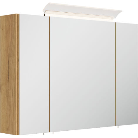 Spiegelschrank 90cm inkl. Design LED-Lampe und Glasböden eiche gold