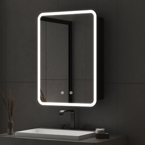 Spiegelschrank Bad mit Beleuchtung 40x60cm Schwarz Spiegelschrank mit Beleuchtung Metall LED Badezimmerschrank mit Dimmbar + Beschlagfrei + Verstellbare Glasablage