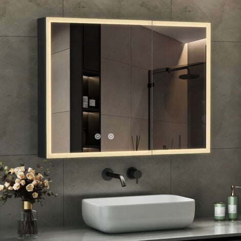 BOROMAL Spiegelschrank Bad mit Beleuchtung 80 x 60 cm mit 3 Lichtfarben Dimmbar + Anti-fog + Memory-Funktion