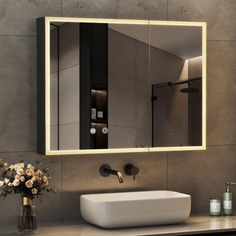 Spiegelschrank Bad mit Beleuchtung 80 x 60 cm mit 3 Lichtfarben Dimmbar + Anti-fog + Memory-Funktion