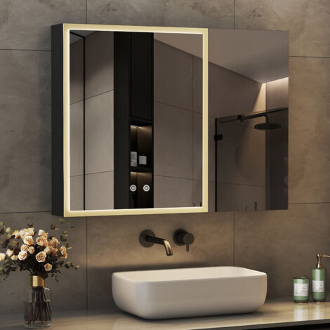 Spiegelschrank Bad mit Beleuchtung 80x60cm, LED Spiegelschrank Schwarz Bad-Hängeschränke Badezimmer Spiegelschrank mit Touch-Schalter, 3 Einstellbare Lichtfarben, Beschlagfrei
