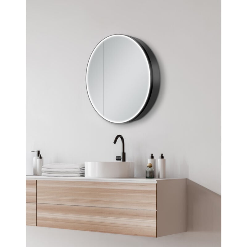 Talos - Armoire Miroir avec Éclairage Black Grafito Ø60 cm Noir - Armoire de Salle de Bain avec 2 Tablettes - Aluminium - Fond Miroité