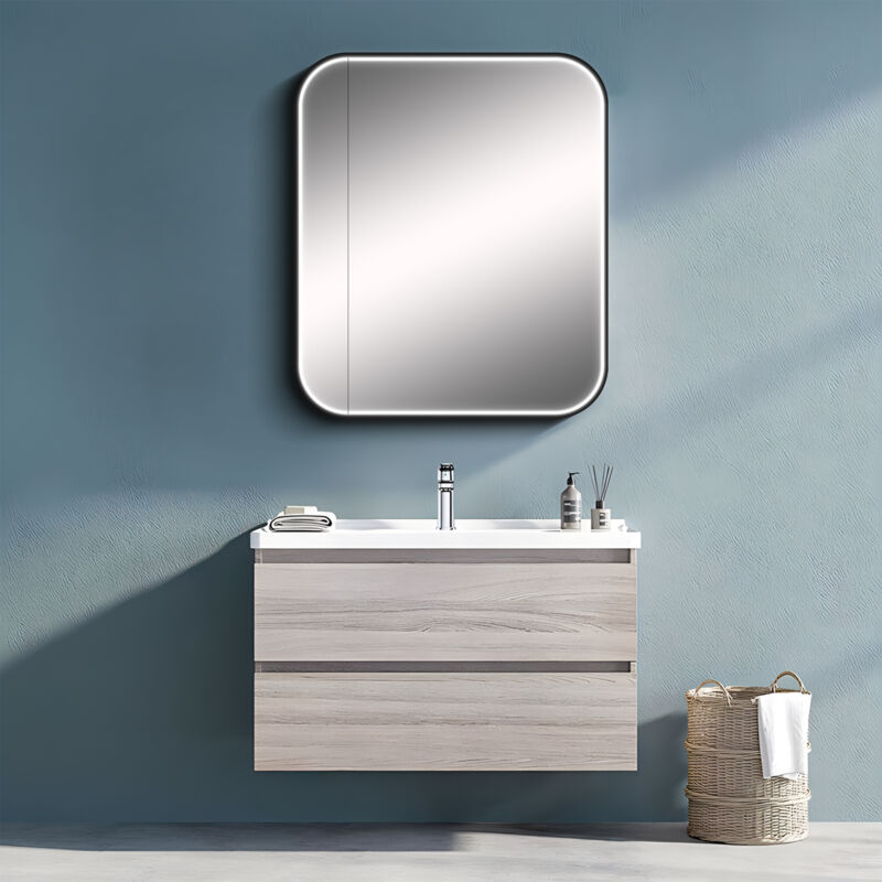 Talos - Armoire Miroir avec Éclairage Black Grafito 60x70 cm Noir - Armoire de Salle de Bain avec 2 Tablettes - Aluminium - Fond Miroité